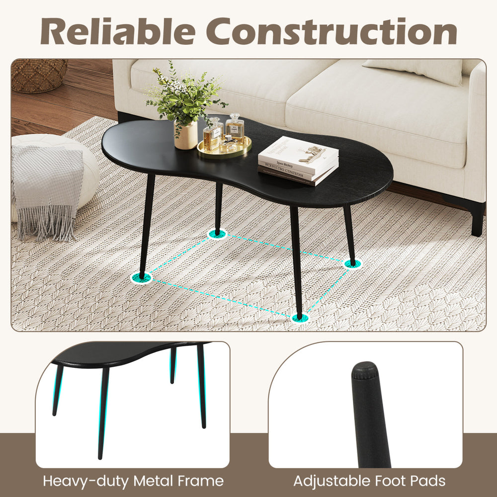 Cloud shape coffee table with a black metal frame and adjustable foot pads, perfect for living rooms or offices.