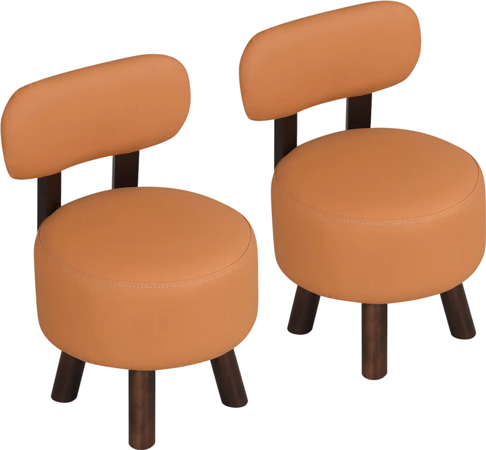Set of 2 round ottoman footrest stools in orange with backrest, featuring rubber wood legs and ergonomic design for.
