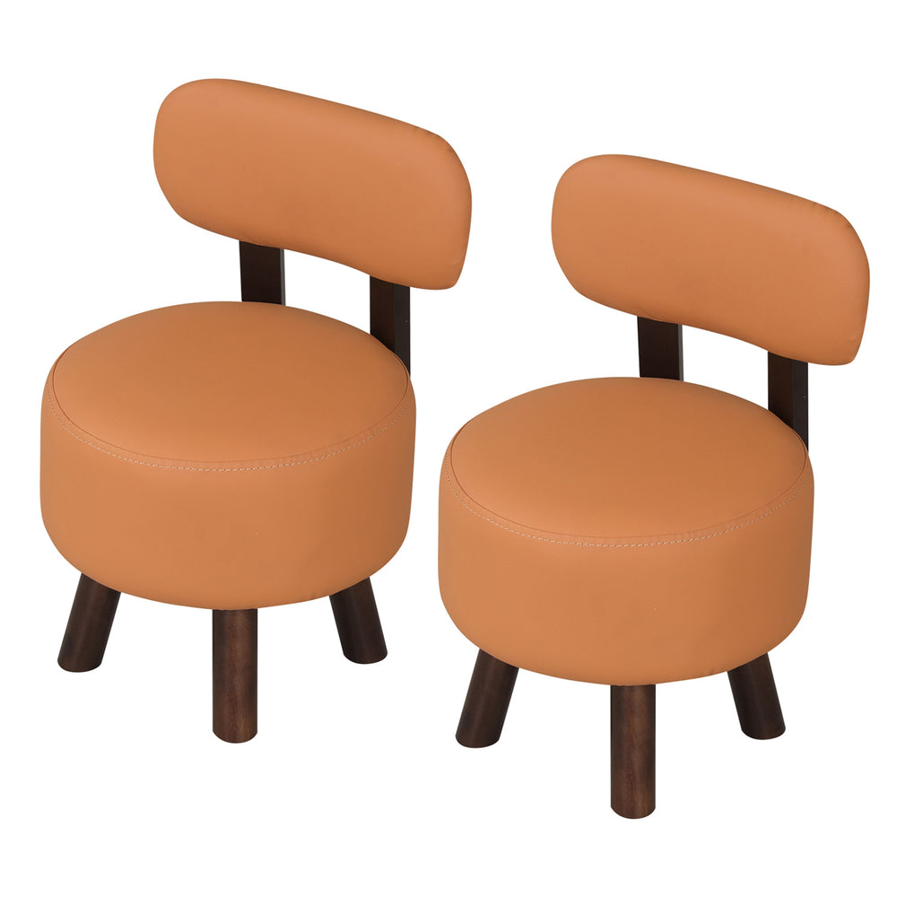 Set of 2 round orange ottoman stools with backrest, featuring faux leather and rubber wood legs for comfort and support.
