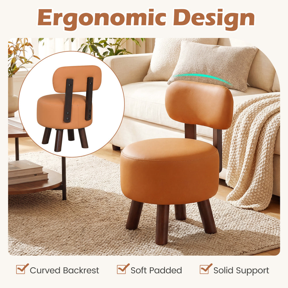 Curved backrest small footrest stool in orange faux leather with rubber wood legs, ideal for living rooms and bedrooms.