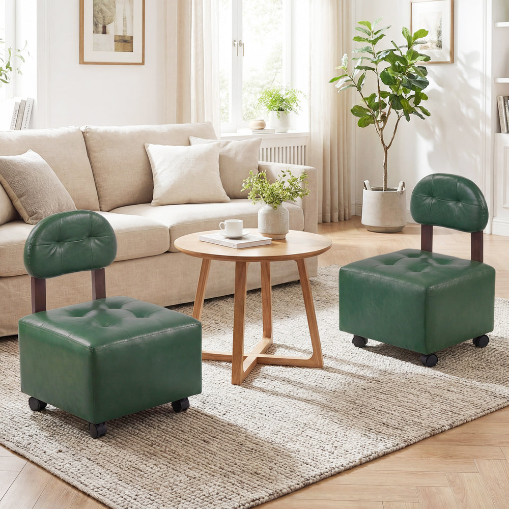 Green small rolling footrest stools set of 2 with supportive backrests, lockable wheels, perfect for living rooms.