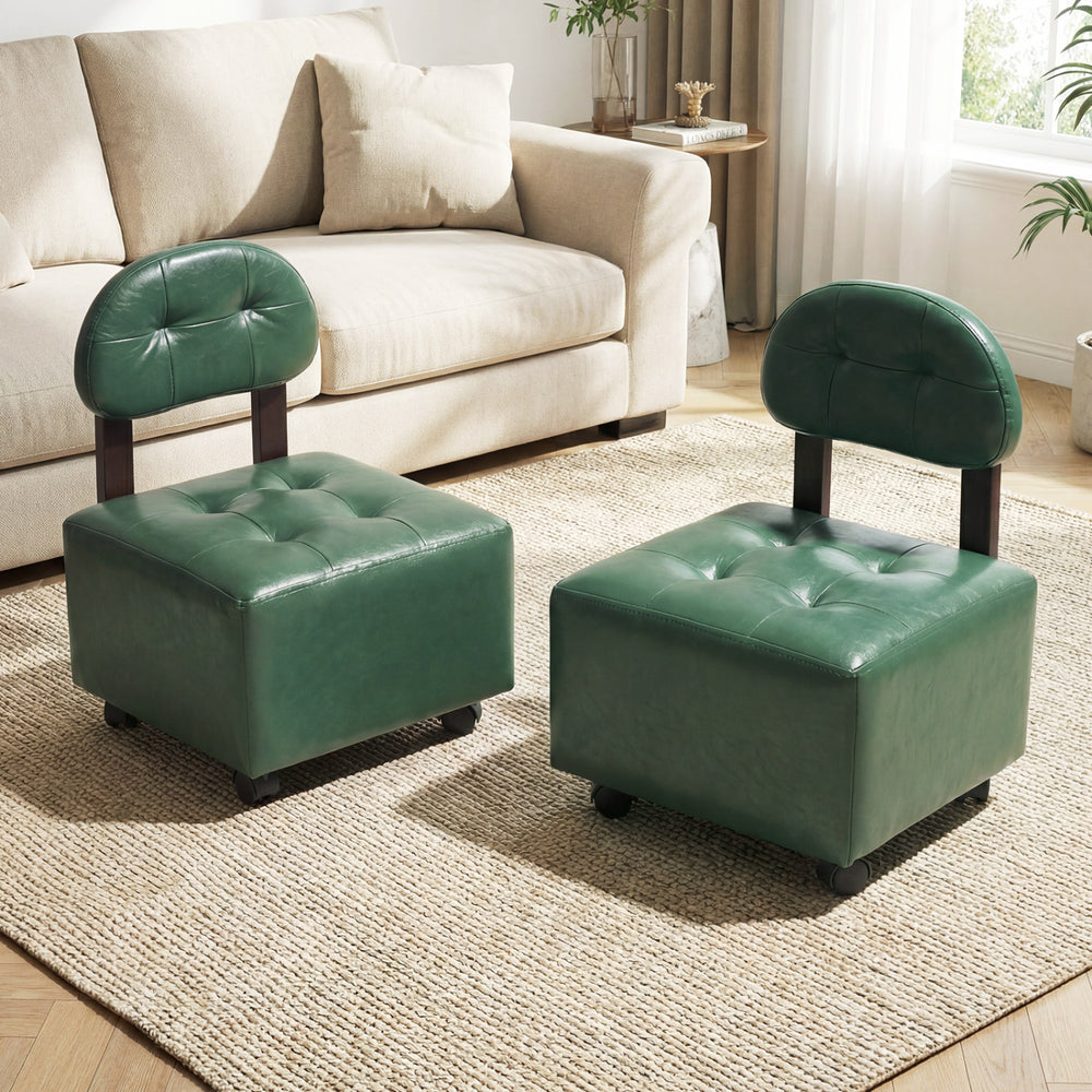 Green small rolling footrest stools set of 2 with supportive backrest and lockable wheels for versatile use.