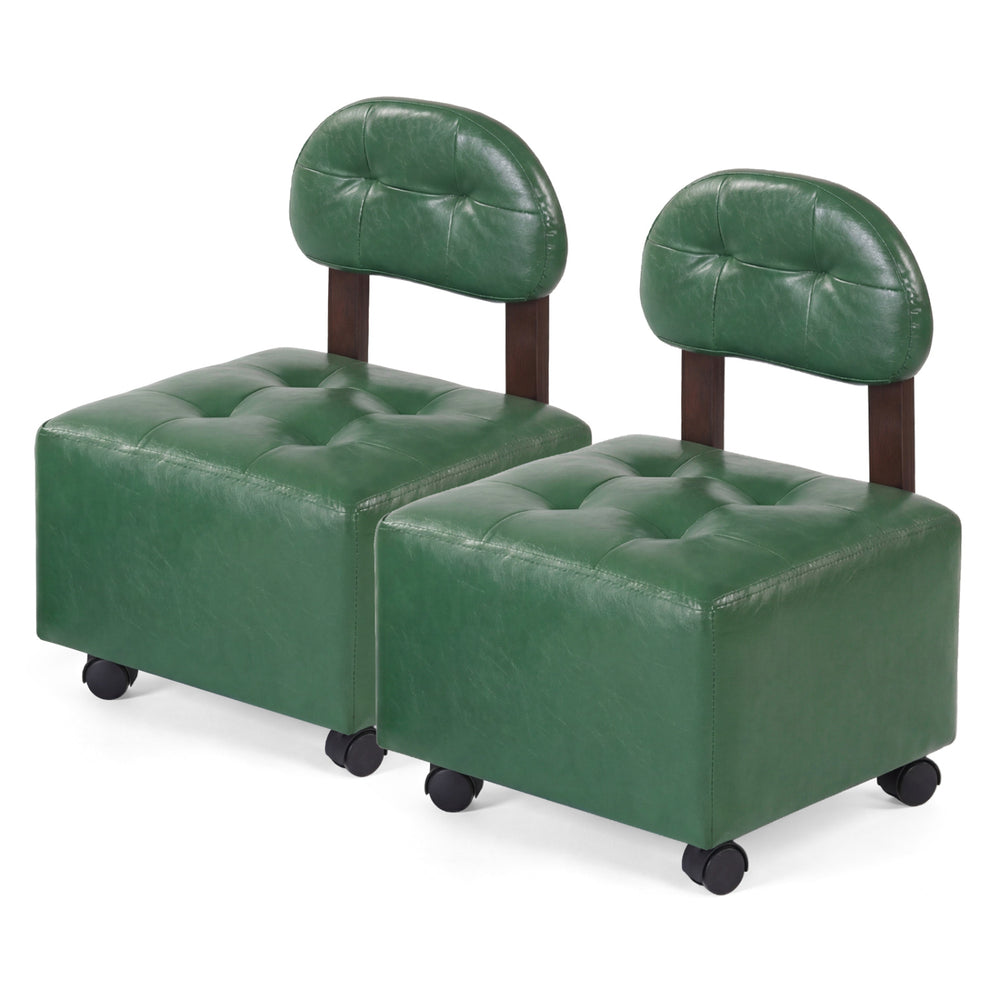Green small rolling footrest stools set of 2 with supportive backrests and lockable wheels for versatile use.