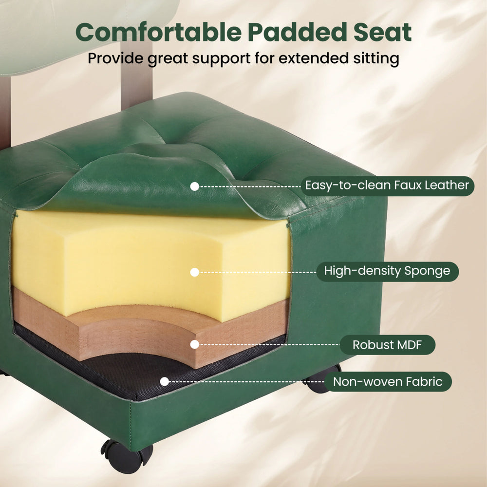 Green small rolling footrest stool with faux leather, high-density sponge, and lockable wheels for versatile use.
