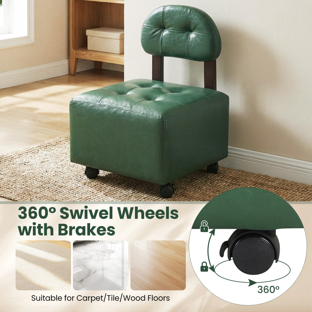 Green small rolling footrest stool with supportive backrest and 360° swivel wheels, ideal for living rooms or bedrooms.