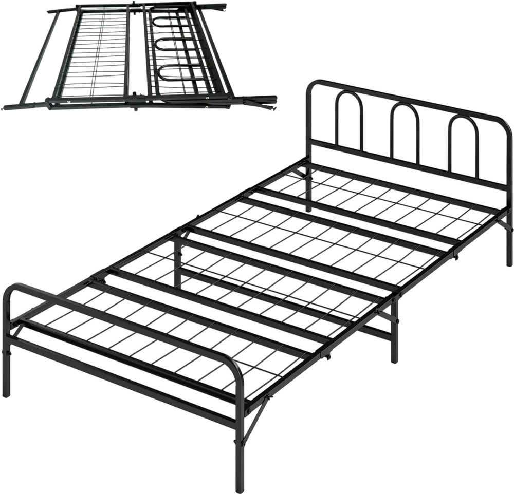 Foldable heavy-duty metal twin bed frame in black with headboard and footboard, perfect for space-saving storage.