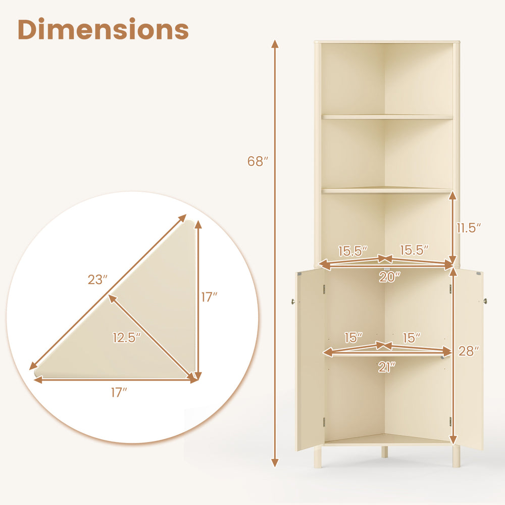 Corner cabinet dimensions with fluted doors, featuring adjustable shelves and a space-saving design for small bathrooms.