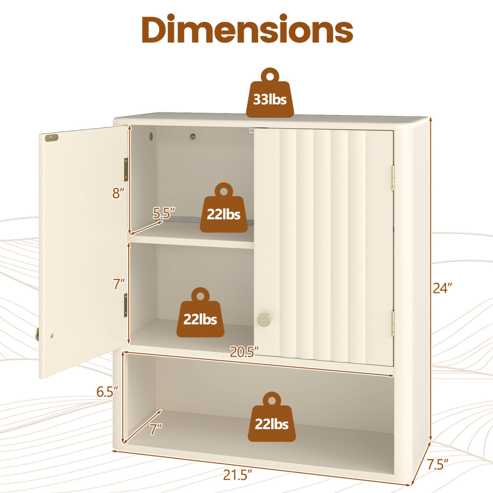 Dimensions chart of the 3-piece bathroom cabinet set with fluted doors, showcasing adjustable shelf heights for.