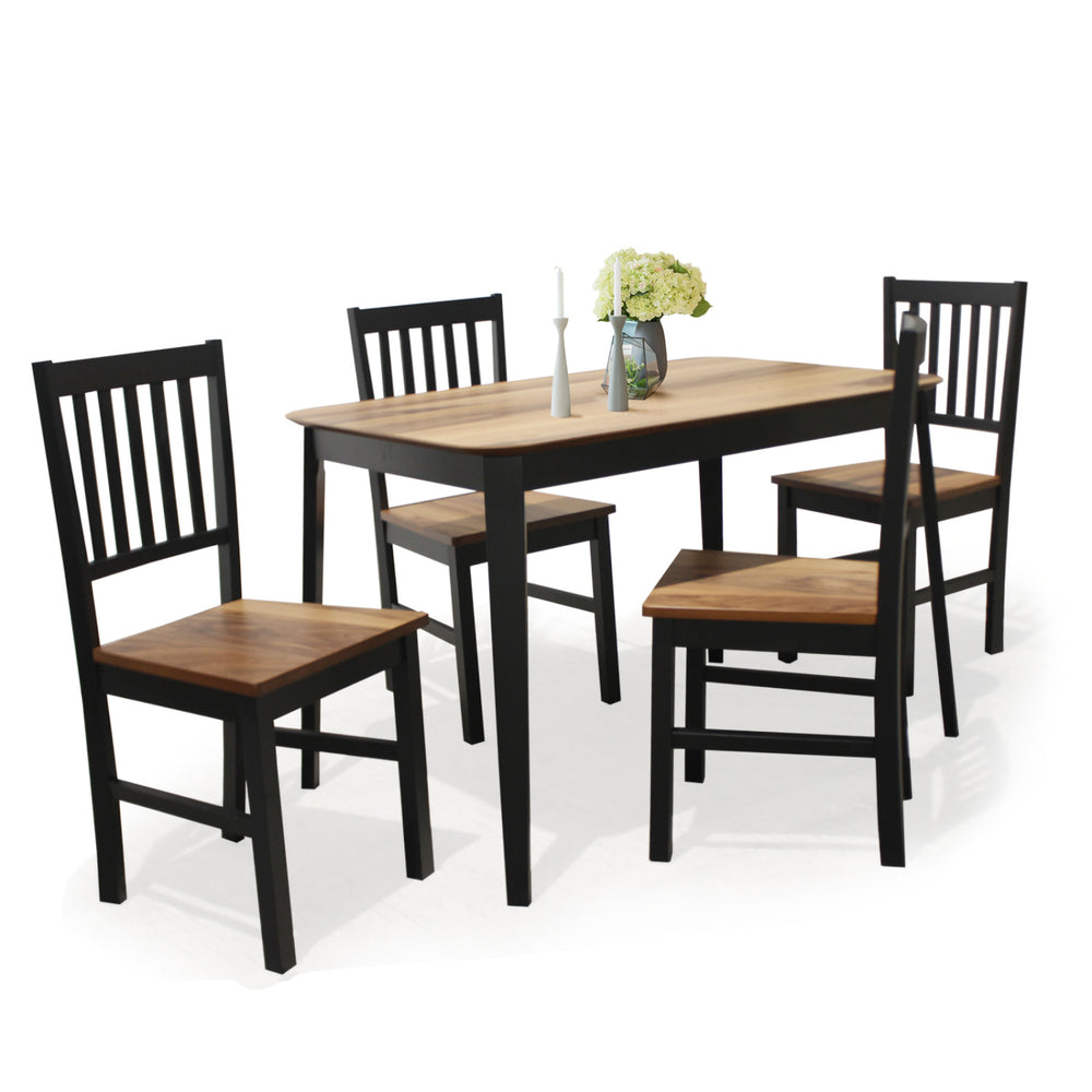 Dining table and chair set with walnut wood grain finish, includes 1 table and 4 high backrest chairs for kitchen use.