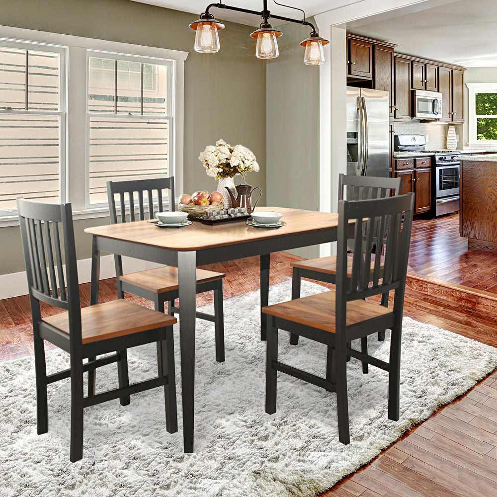 Four high backrest dining chairs with slatted design and walnut finish, offering comfort and style for kitchen dining.
