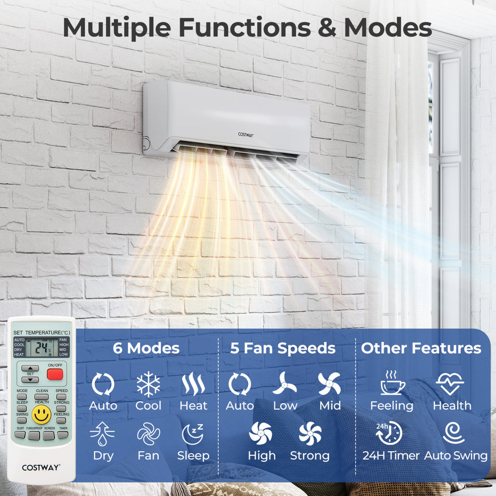 UltrEco Series 24000 BTU mini split air conditioner with heat pump, WiFi enabled, showing multiple modes and remote.