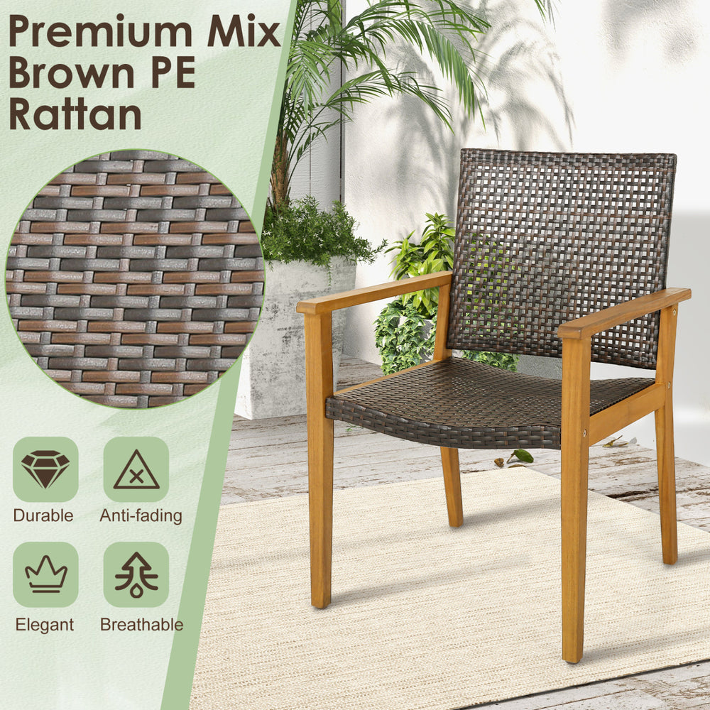 Brown PE rattan chair with acacia wood arms, designed for comfort and durability, perfect for patio dining.