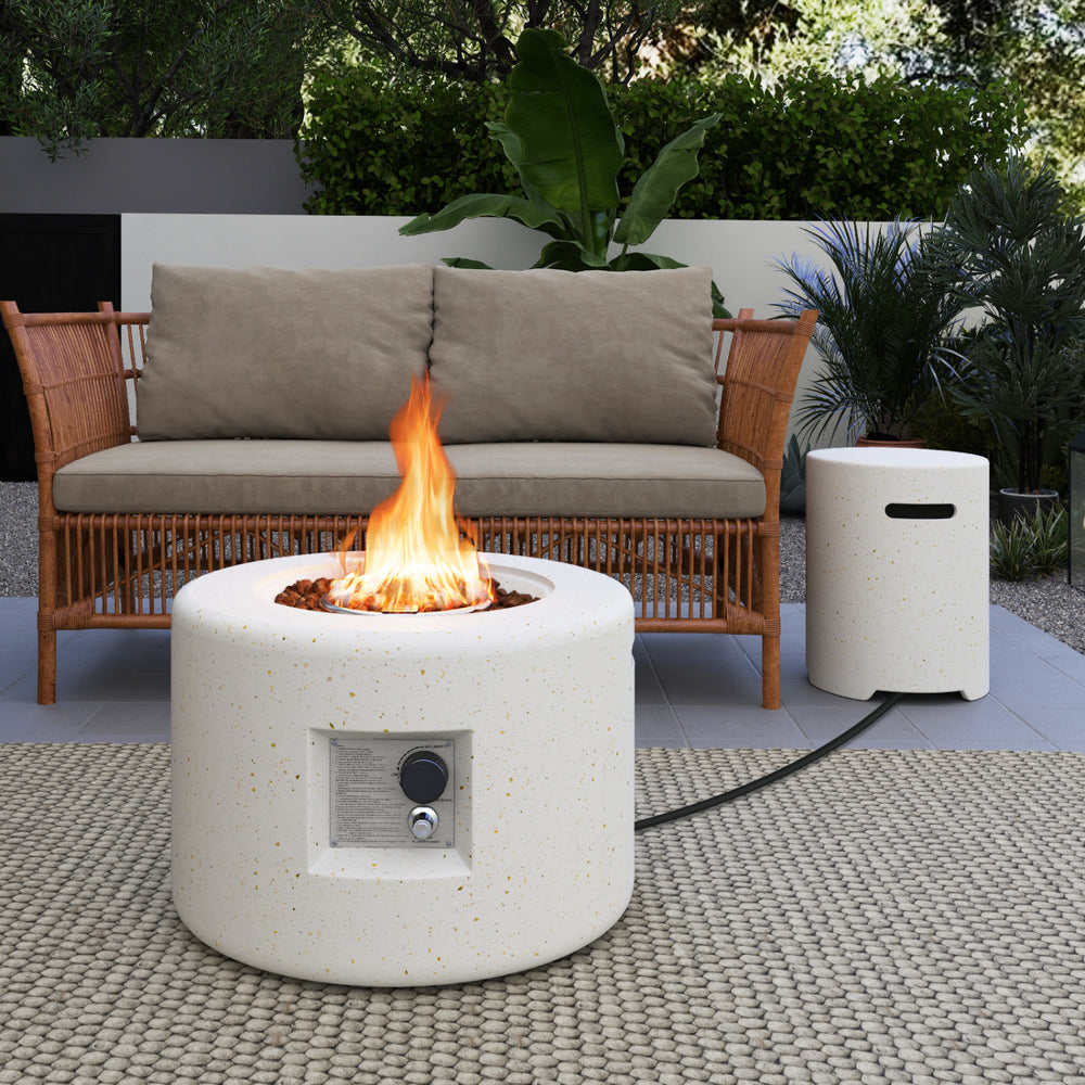 Terrazzo fire pit table set with 40,000 BTU output, featuring a hideaway tank holder and cozy seating for outdoor.