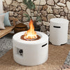 Round terrazzo fire pit table with 40,000 BTU output, featuring a hideaway tank holder and adjustable flame control.