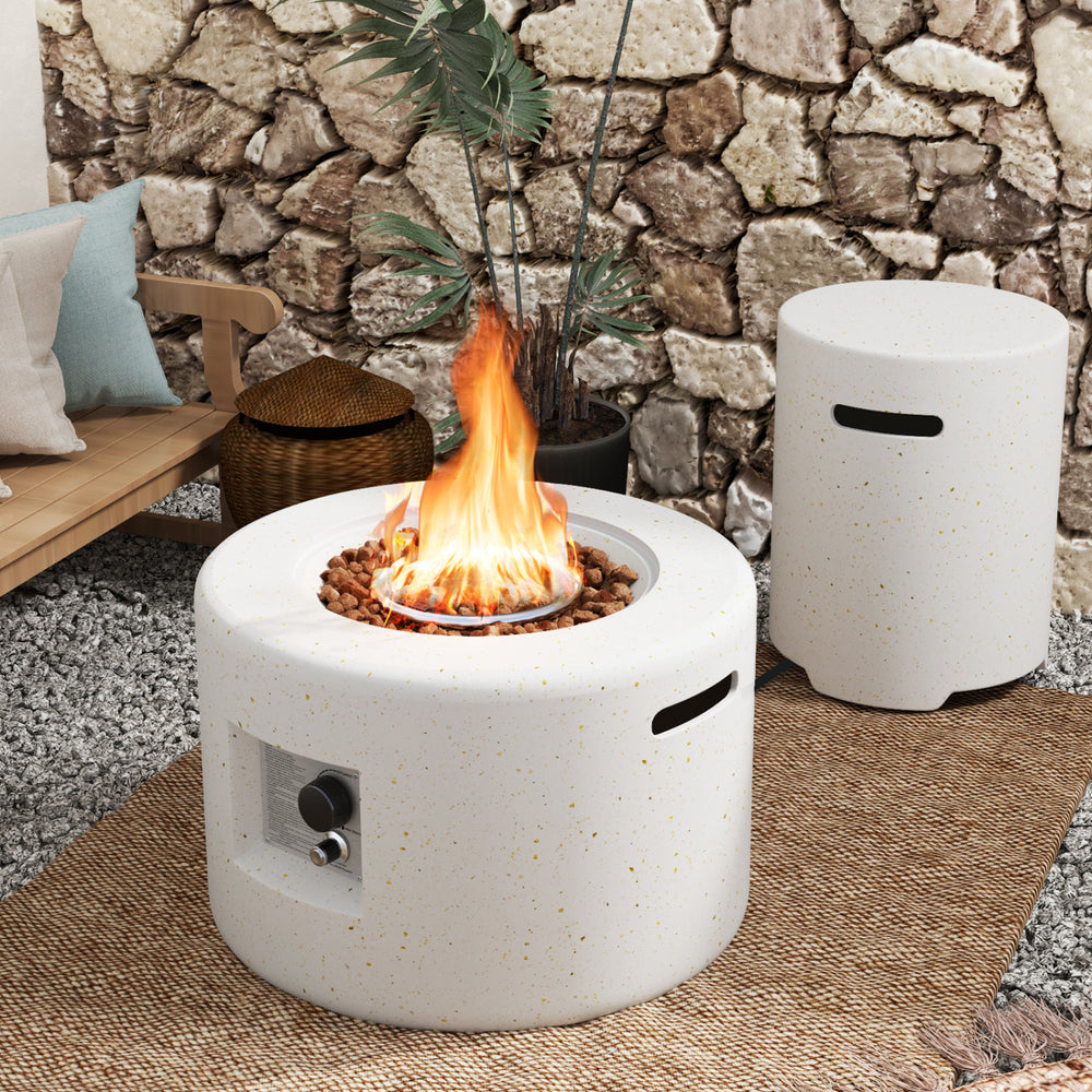 Round terrazzo fire pit table with 40,000 BTU output, featuring a hideaway tank holder and adjustable flame control.