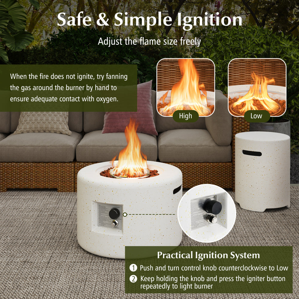 Fire pit table set with adjustable flame control, made of durable terrazzo, ideal for outdoor warmth and relaxation.