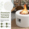 Terrazzo fire pit table with 40,000 BTU output, featuring a hideaway tank holder and adjustable footpads for stability.