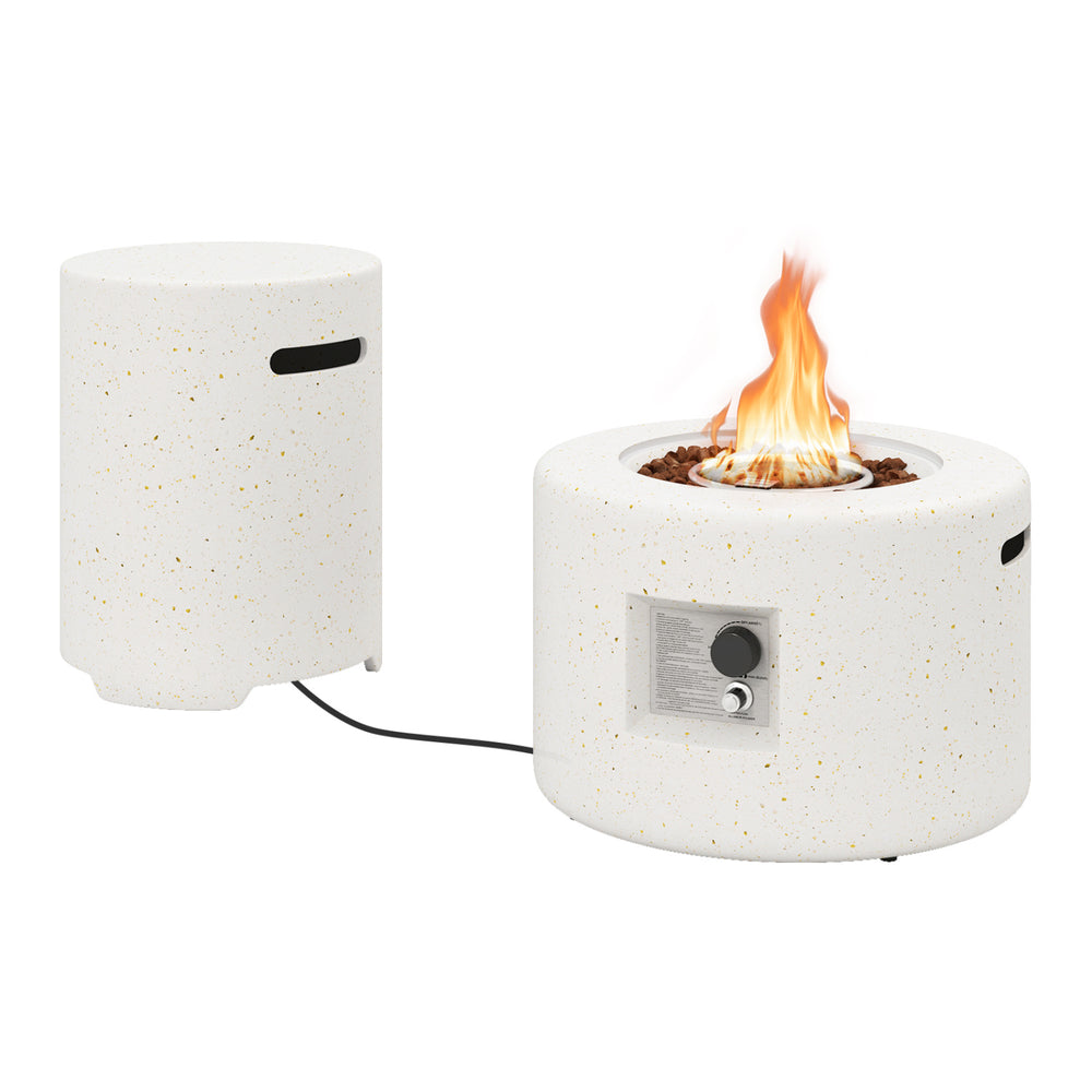 Terrazzo fire pit table set with hideaway tank holder, featuring fanning instructions and adjustable footpads for.