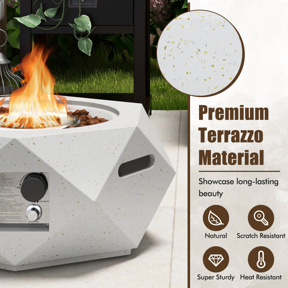 Terrazzo fire pit table set with stainless steel burner, 40,000 BTU, ideal for outdoor warmth and style.