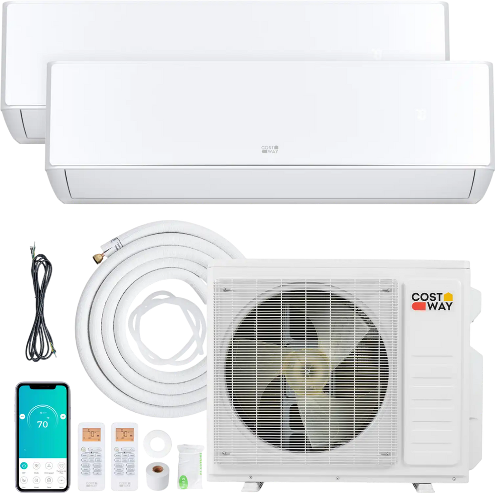 X-Pro 27000 BTU mini split AC system with heat pump, includes two indoor units and outdoor unit for efficient cooling.