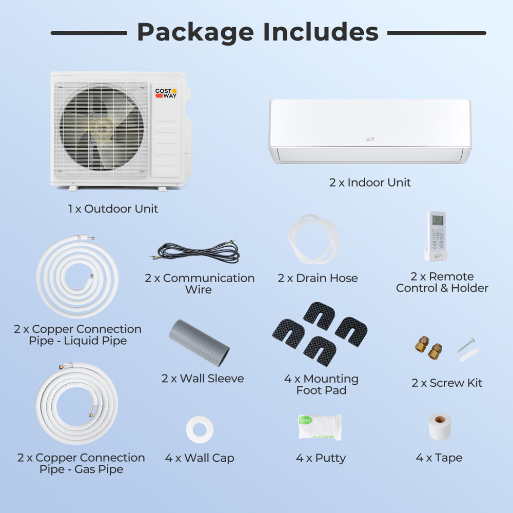 X-Pro 27000 BTU mini split AC package includes outdoor and indoor units, copper pipes, and installation accessories for.