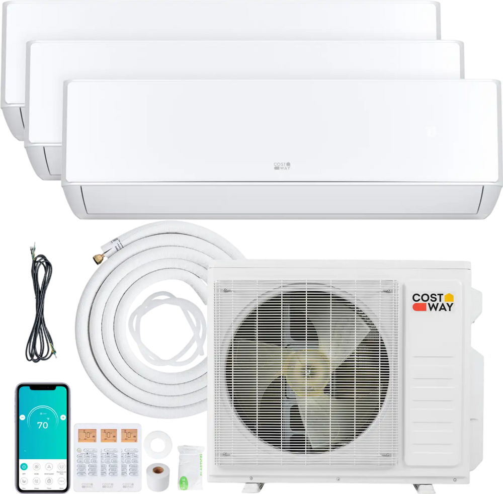 X-Pro 27000 BTU 3 Zone Mini Split AC system with heat pump, includes indoor units and outdoor compressor for efficient.