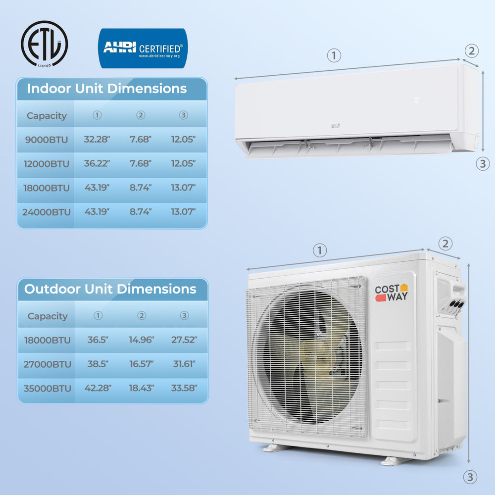 X-Pro 27000 BTU mini split AC unit dimensions for indoor and outdoor, featuring high energy efficiency and 3-zone.