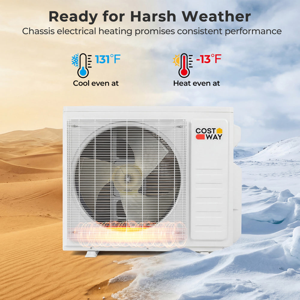 Mini split AC unit with heat pump, 27000 BTU, designed for efficient cooling and heating in harsh weather conditions.