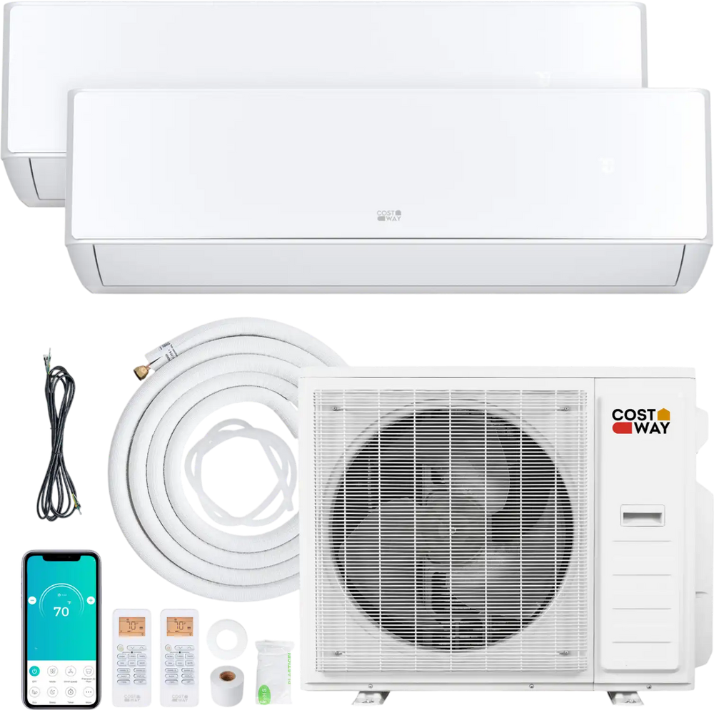 X-Pro 35000 BTU mini split AC system with heat pump, includes two indoor units and outdoor unit for efficient cooling.