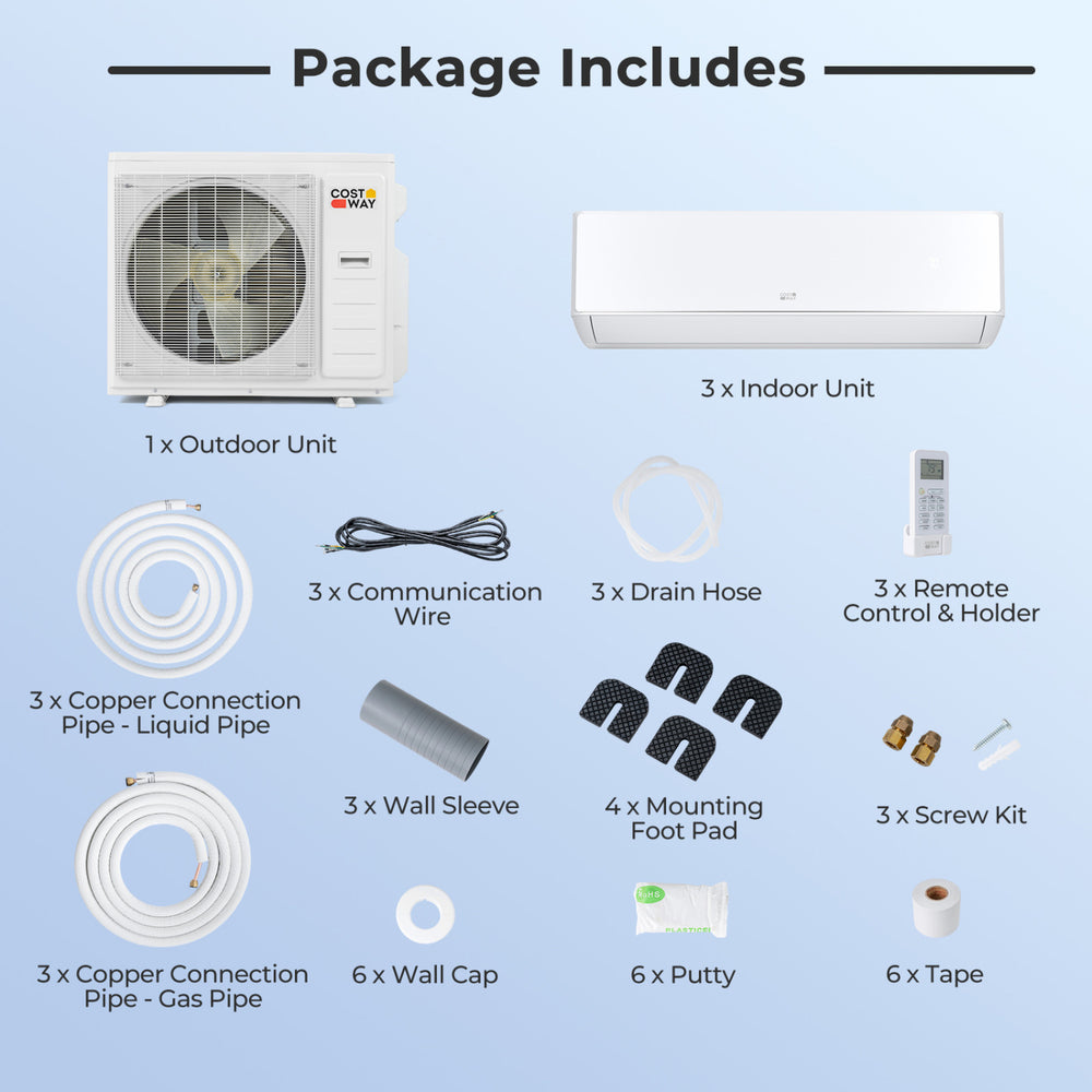 X-Pro 35000 BTU Mini Split AC package includes outdoor unit, 3 indoor units, copper pipes, and installation accessories.