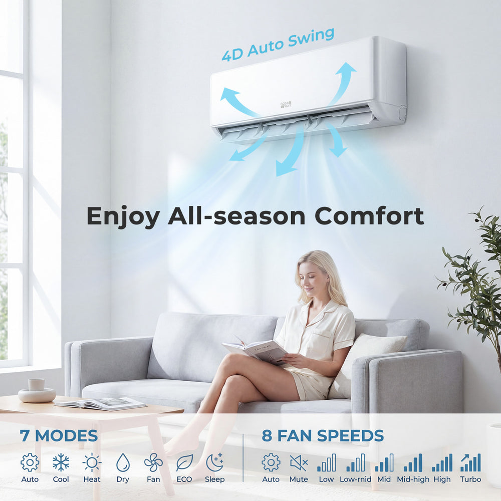 X-Pro 35000 BTU Mini Split AC with Heat Pump, showcasing 4D auto swing and 7 modes for year-round comfort.