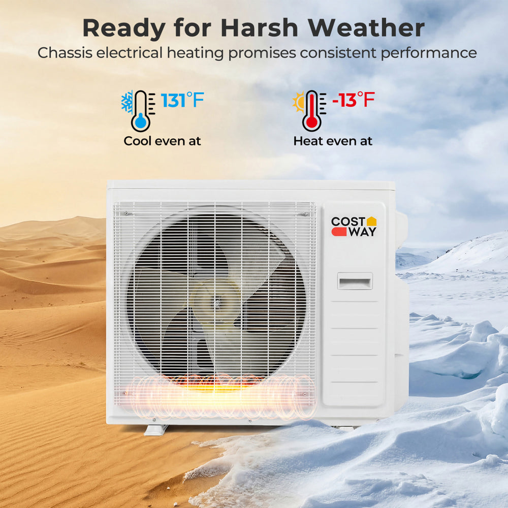 X-Pro 35000 BTU mini split AC with heat pump, showcasing chassis heating for consistent performance in harsh weather.