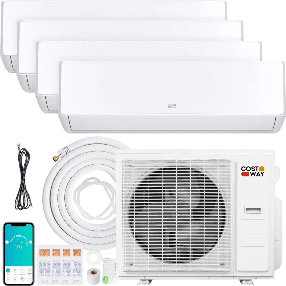 X-Pro 35000 BTU mini split AC system with heat pump, featuring four indoor units for efficient cooling and heating.