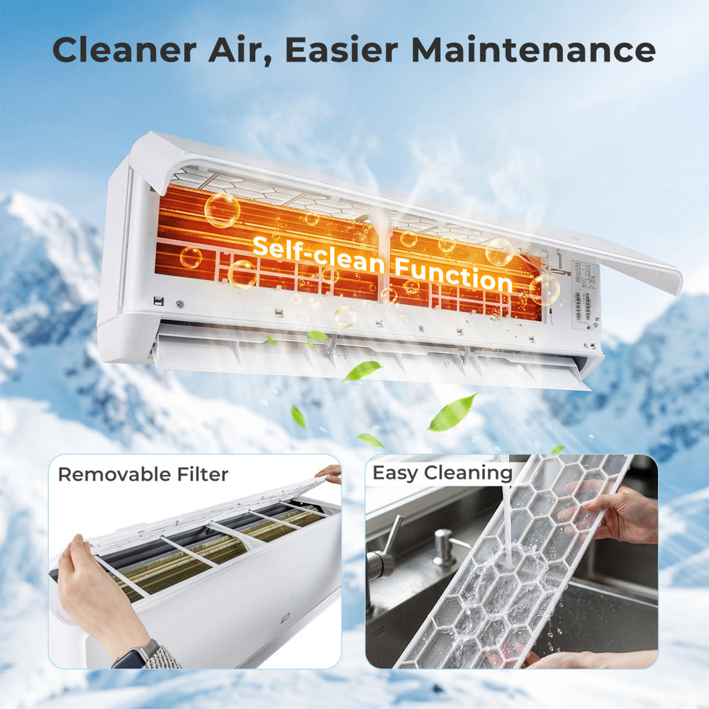 Self-cleaning function and removable filter of the X-Pro 35000 BTU Mini Split AC for easy maintenance and cleaner air.
