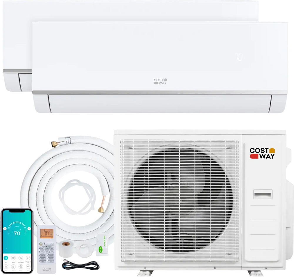 Mini split AC system with 38,000 BTU capacity, including two indoor units and outdoor unit for efficient dual-zone.