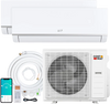 Mini split AC system with 38,000 BTU capacity, including two indoor units and outdoor unit for efficient dual-zone.