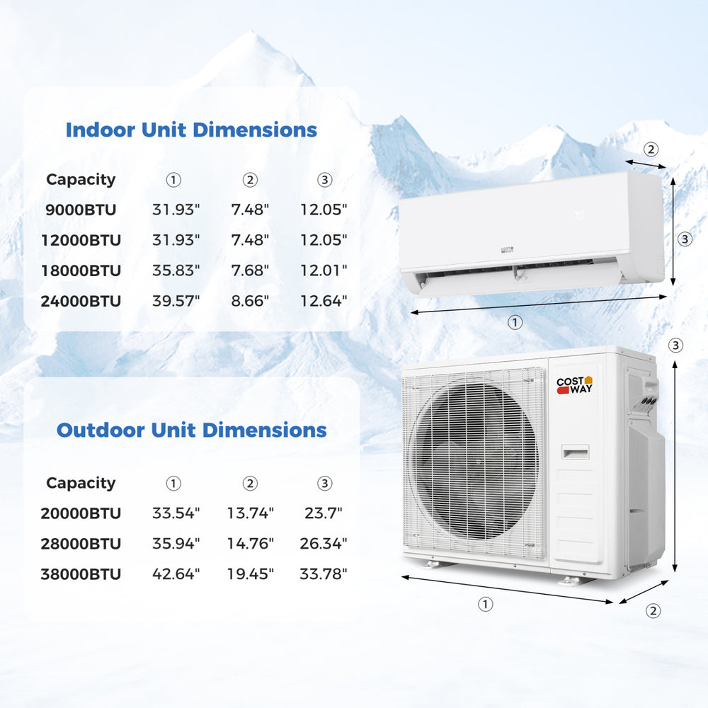 Indoor and outdoor unit dimensions for the Blast Pro 38000 BTU Mini Split AC with Heat Pump, ideal for efficient.