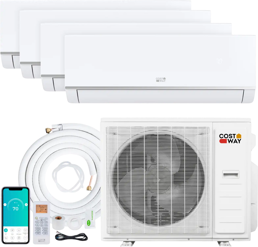 Blast Pro 38000 BTU 4 Zone Mini Split AC system with outdoor unit, remote, and installation accessories for efficient.