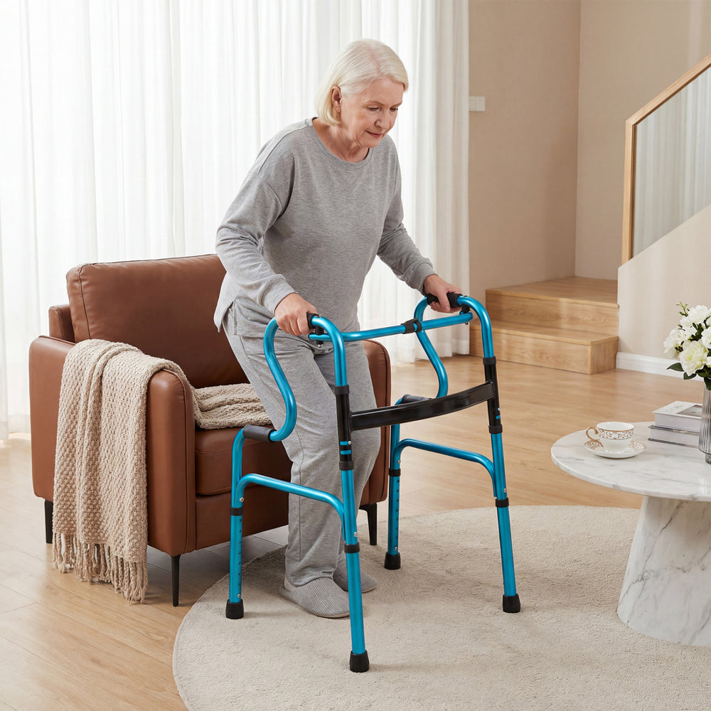 One-Button Folding Aluminum Walking Frame Walker Folding Walker for Seniors and Limited Mobility Users-Navy - Gallery View 1 of 11