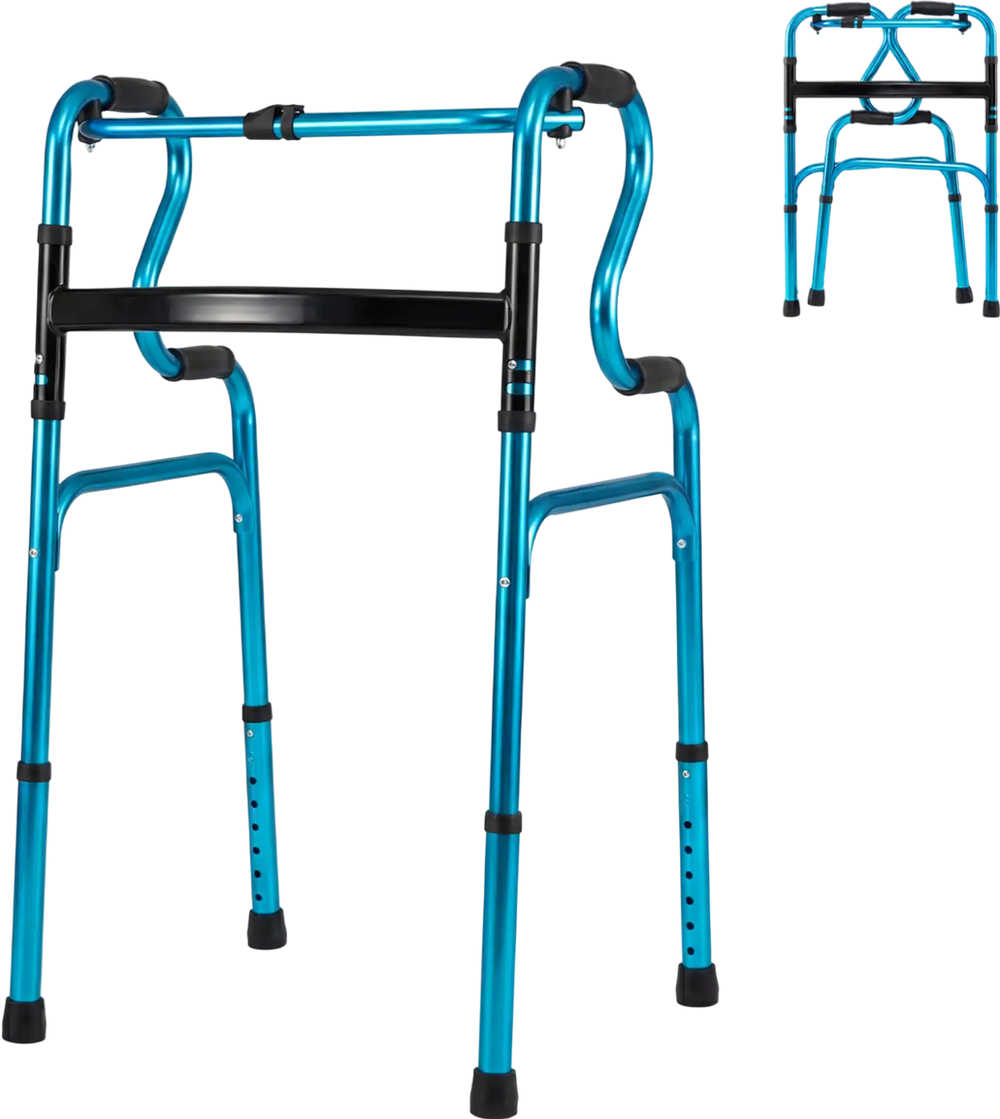 Navy aluminum folding walker with adjustable height, non-slip foot pads, ideal for seniors and limited mobility users.