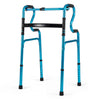 Navy aluminum walking frame with adjustable height, non-slip foot pads, and one-button folding design for seniors.