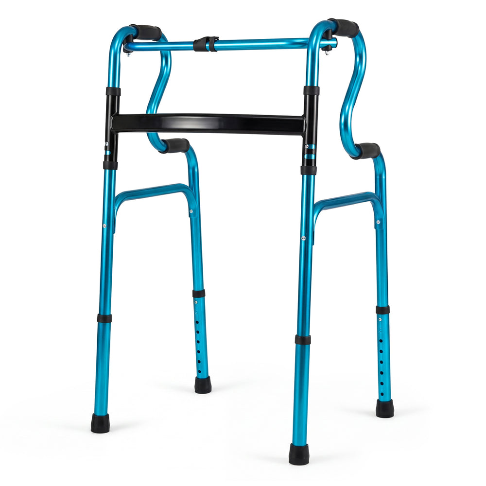 Navy aluminum walking frame with adjustable height, non-slip foot pads, and one-button folding design for seniors.