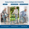 Folding aluminum walking frame in navy, designed for seniors and limited mobility users, offering adjustable heights.