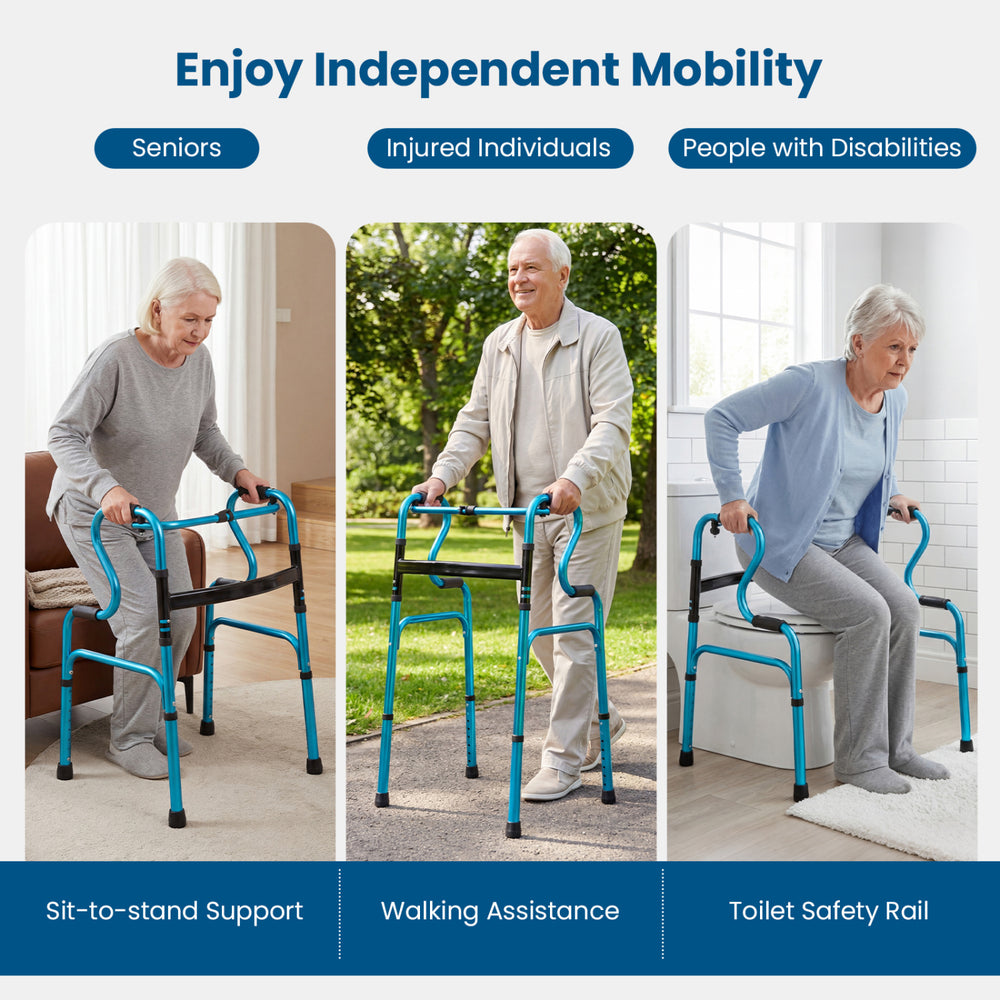 Folding aluminum walking frame in navy, designed for seniors and limited mobility users, offering adjustable heights.