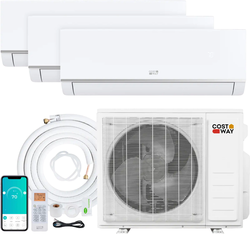 Blast Pro 28000 BTU Mini Split AC system with 3 indoor units, remote control, and energy-efficient heat pump for home.