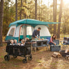 Family camping scene featuring a 4-seat wagon, foldable table, cooler, and spacious tent for outdoor adventures.