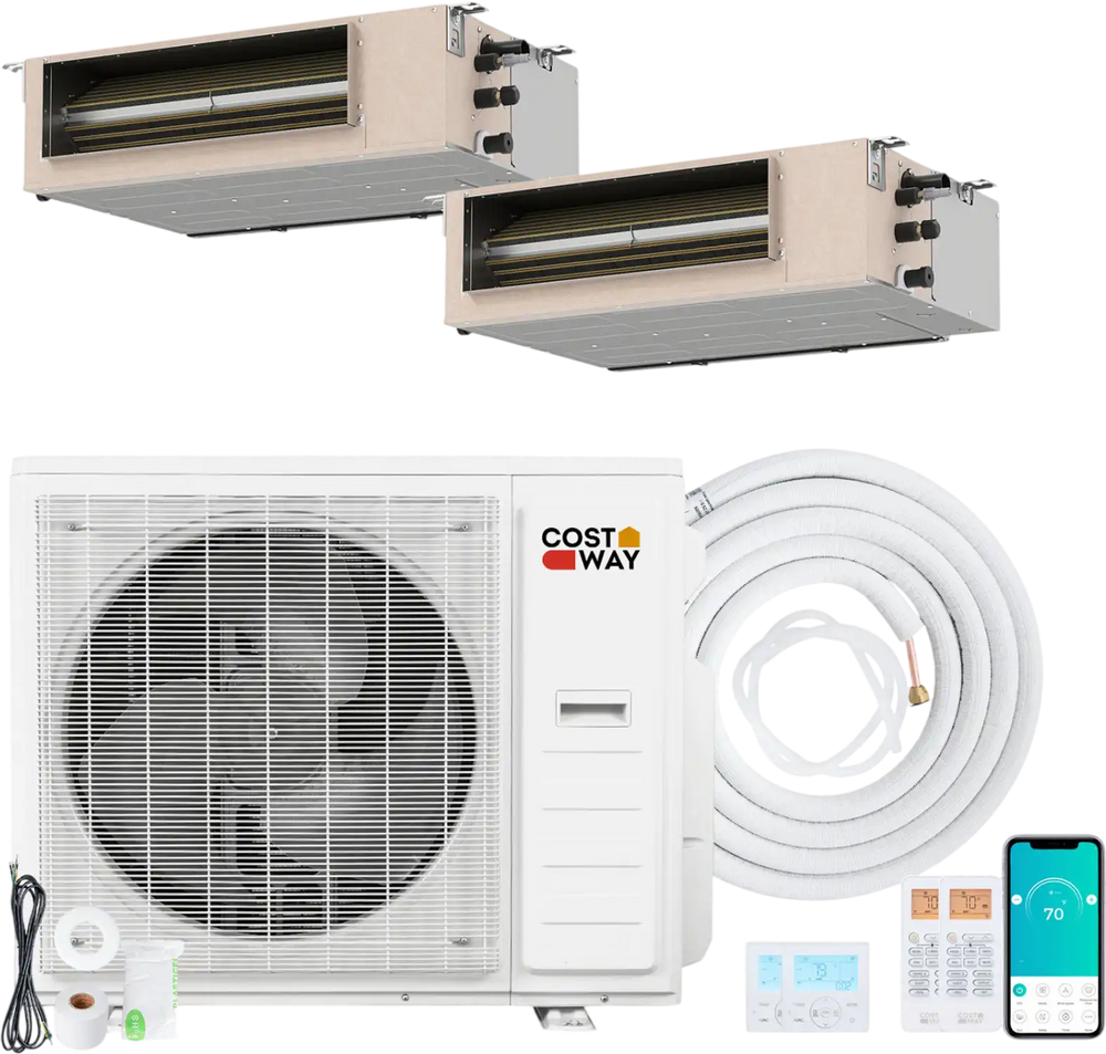 Concealed ducted mini split AC system with 35000 BTU capacity, featuring dual zones and smart control for efficient.