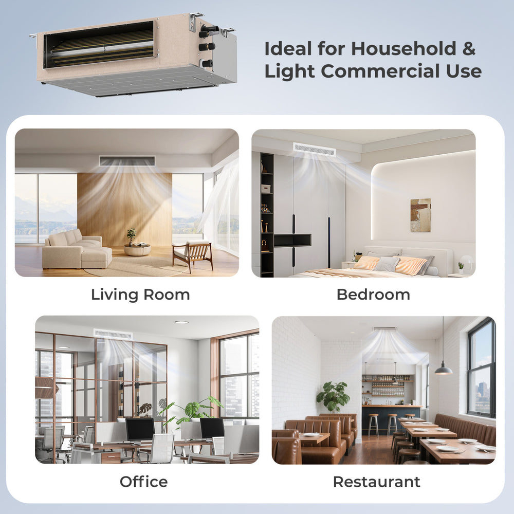 Concealed ducted mini split AC unit for 2 zones, ideal for homes and offices, featuring 22.5 SEER2 efficiency.