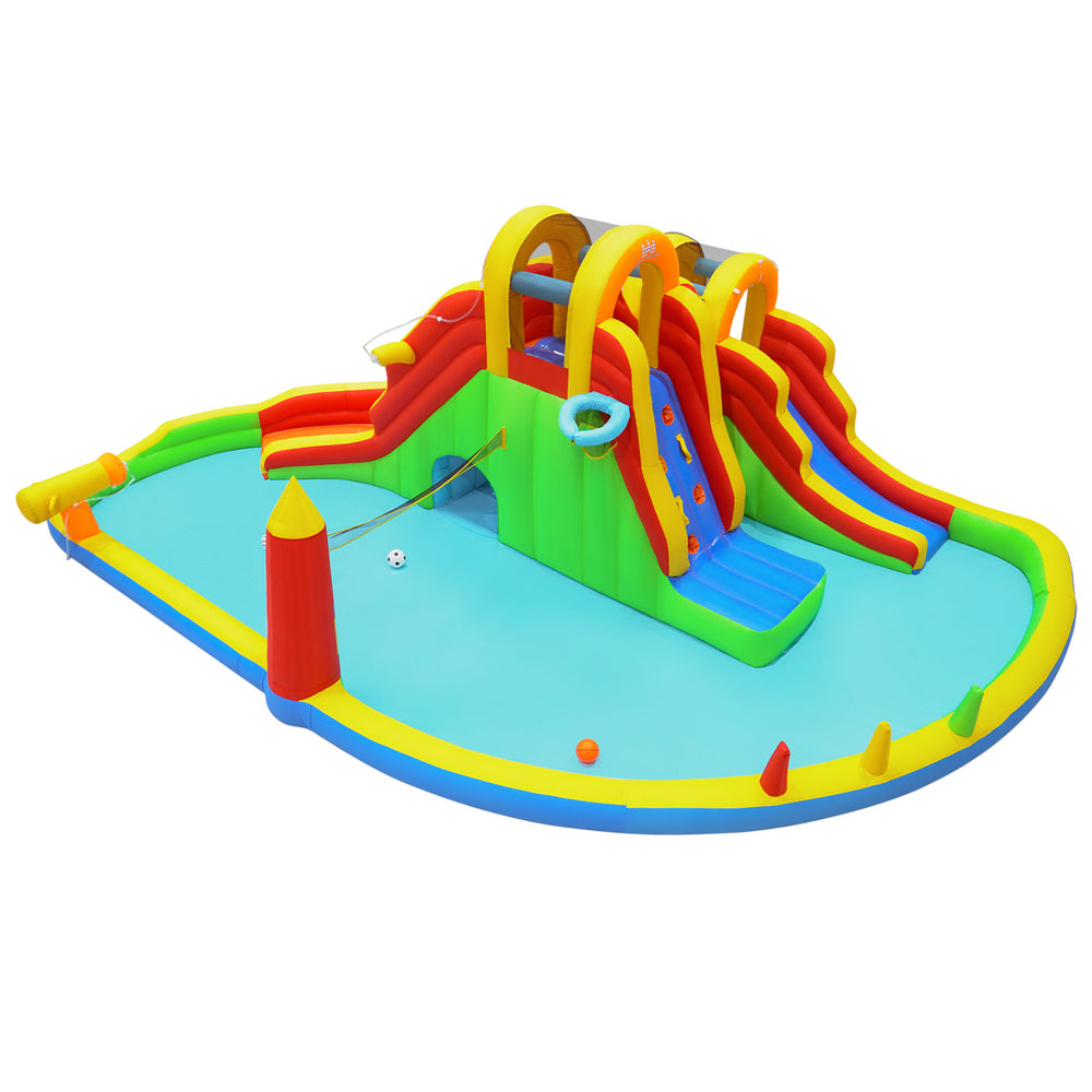 Giant bounce house with 2 slides, climbing walls, and splash pool, perfect for yard parties and family gatherings.