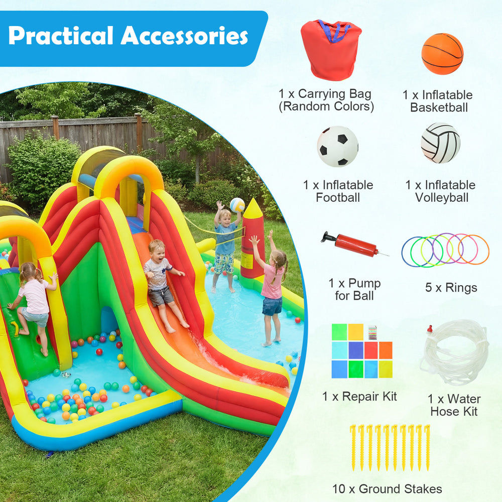 Giant bounce house with two slides, climbing walls, and splash pool, perfect for yard parties and family gatherings.